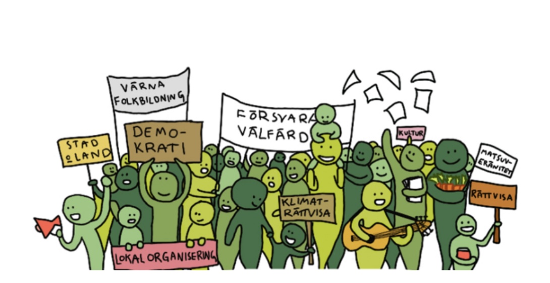 Stafetten för Demokrati, Miljö och Rättvisa, tecknad bild med engagerade medborgare med skyltar